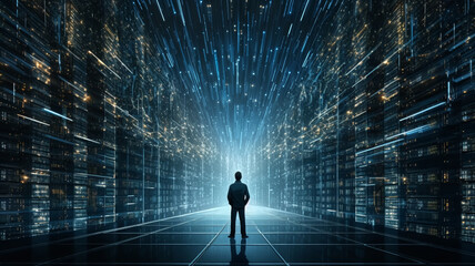 A lone figure stands before the immense data streams of a futuristic virtual data center, symbolizing the digital age.

