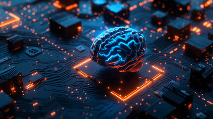 A 3D hologram neon blue color human brain symbol on a dark AI integrated electronic circuit board hi-tech background. Machine learning, artificial intelligence, modern business technology.