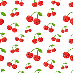 Cute cherry seamless pattern. Good for textile, wrapping, wallpapers, etc. Sweet red ripe cherries isolated on white background. Vector illustration.