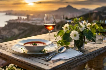 Foto auf Acrylglas A plate of soup and a glass of wine against the backdrop of a mountain landscape at sunset © Anastasiia