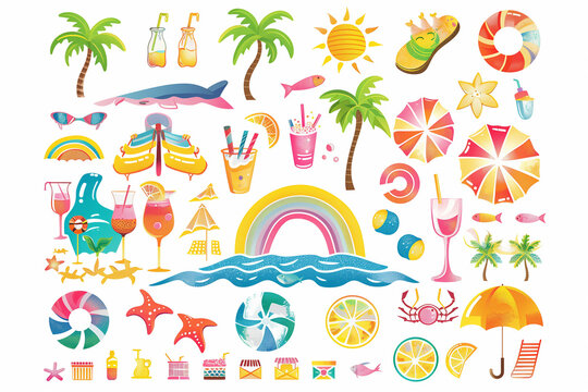 Set of colorful symbols representing Summer displayed on a white background