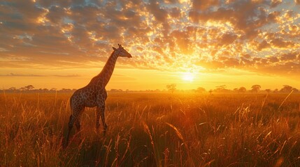 Graceful giraffe in sunset savanna  serene ultra wide angle cinematic shot with warm sunbeams