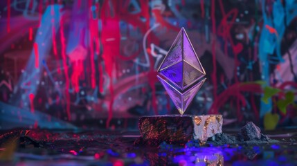 Ethereum graffiti on the wall. Ethereum and neon background.