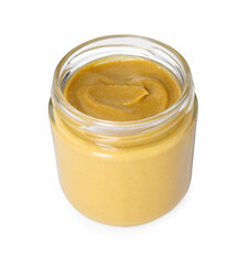 Fresh tasty mustard sauce in glass jar isolated on white