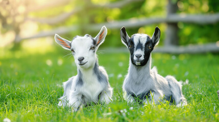 Two little baby goats sitting on the grass. Animals photography