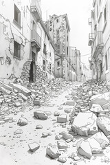 Black and white sketch of a city street with thick lines and low detail coloring pages for kids and adults 