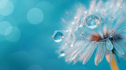 Fototapeta na wymiar Beautiful water drop on a dandelion flower seed macro in nature. Beautiful deep saturated blue and turquoise background, free space for text. Bright colorful expressive artistic image form. 