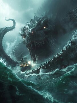 sea monster emerging from the depths Capture the creatures scale and details for a captivating visual that invokes awe and fear