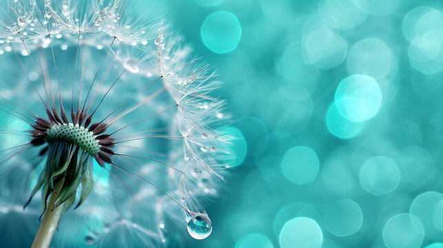 Beautiful water drop on a dandelion flower seed macro in nature. Beautiful deep saturated blue and turquoise background, free space for text. Bright colorful expressive artistic image form. 