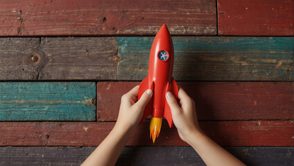 A hand holding a red crayon next to a red and yellow paper rocket - obrazy, fototapety, plakaty