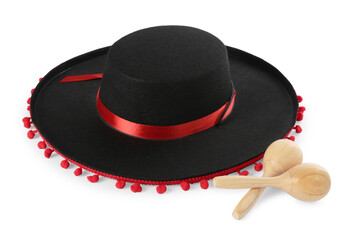 Mexican sombrero hat and maracas isolated on white