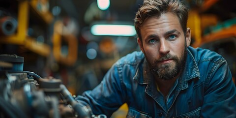 Fototapeta premium Caucasian technician inspecting car engine for maintenance and repair in automotive service industry. Concept Automotive Services, Car Maintenance, Technician Inspection, Engine Repair