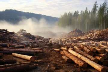 Rolgordijnen Fresh fallen timber at the sawmill. those awaiting processing at the local village sawmill are being turned into lumber for construction © Александр Лобач