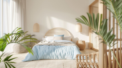 A breezy bedroom with a rattan bed frame, bathed in the soft light of a tropical morning.