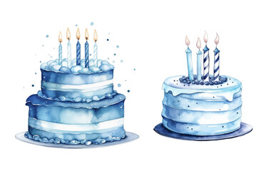 Watercolor blue birthday cake with candles