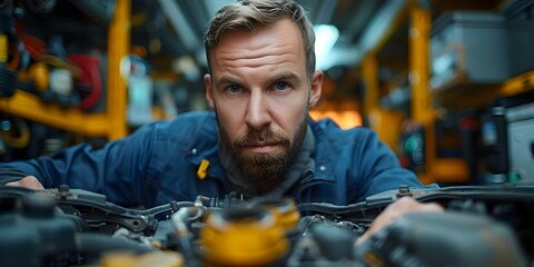 Caucasian technician inspecting car engine in garage for maintenance and repair in the automotive service industry. Concept Car Maintenance, Automotive Service, Garage Inspection, Technician Repair