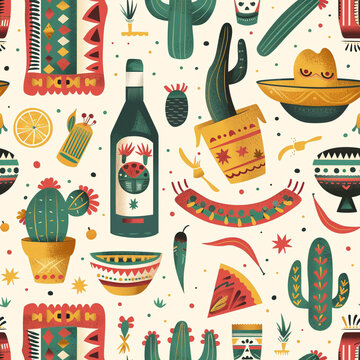 Flat illustration, pattern on a Mexican theme, cacti, pizza, bottle, fruits on a white background.