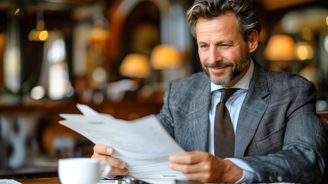 Professional man reviewing documents in a cafe with a cup of coffee.