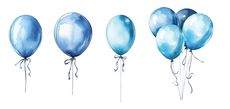 Set of blue watercolor painted balloons