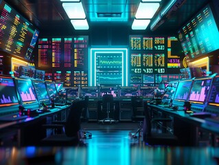 Barren neon trading floor, robotic traders idle, screens dark, market crash, cybernetic ghost town. - obrazy, fototapety, plakaty