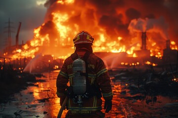 Naklejka premium Heroic firefighting effort against towering production fire