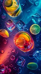 Artistic beta-carotene infused cocktails, neon night, top view, 2D. - obrazy, fototapety, plakaty
