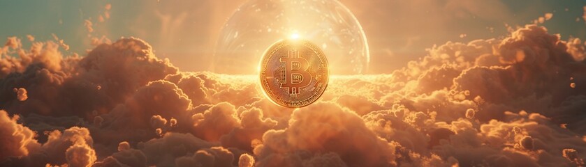 A golden Bitcoin gate floating amidst fluffy clouds, soft sunlight, high-angle shot, ethereal vibe