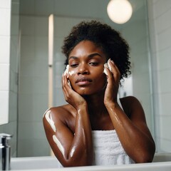 Happy young beautiful African American woman taking care of her facial skin.