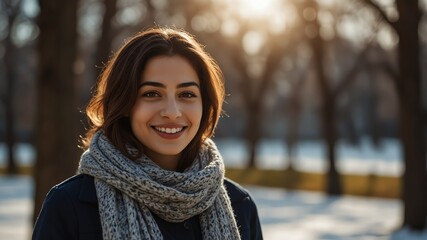 young middle eastern woman on morning sunlight winter park background smiling happy looking at camera with copy space for banner backdrop from Generative AI - obrazy, fototapety, plakaty