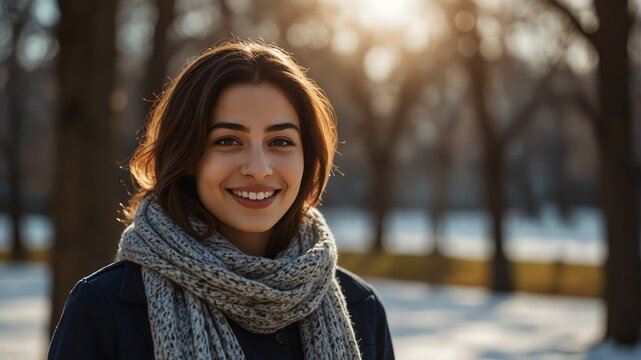 young middle eastern woman on morning sunlight winter park background smiling happy looking at camera with copy space for banner backdrop from Generative AI