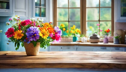 Close up an empty wooden table adorned with colorful flowers, backdrop of expansive windows that flood the kitchen, tulips in a vase on the windowsill