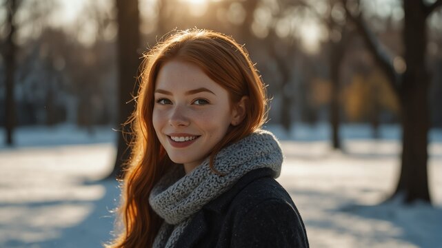 young red head woman on morning sunlight winter park background smiling happy looking at camera with copy space for banner backdrop from Generative AI