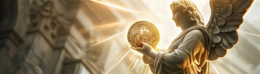 Angel holding a glowing Bitcoin, low-angle, backlit with divine aura, high-contrast - obrazy, fototapety, plakaty
