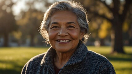 elderly pacific islander lady woman on morning sunlight winter park background smiling happy looking at camera with copy space for banner backdrop from Generative AI