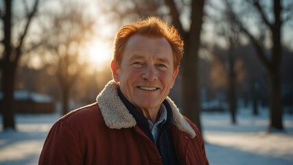 elderly red head man on morning sunlight winter park background smiling happy looking at camera with copy space for banner backdrop from Generative AI