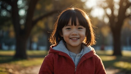 kid child asian girl on morning sunlight winter park background smiling happy looking at camera with copy space for banner backdrop from Generative AI