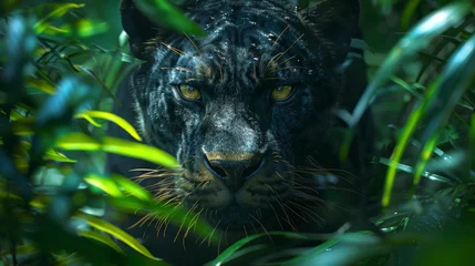 Küchenrückwand glas motiv Elusive black panther with golden eyes in lush jungle, photorealistic cinematic shot © RECARTFRAME CH
