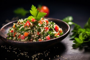 Tasty tabbouleh on a slate plate against a silk fabric background