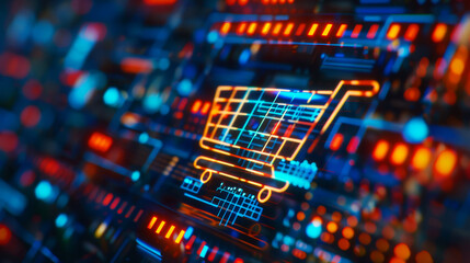Obraz premium Digital Shopping Cart Icon on Circuit Board Illustrating Online Shopping Concept