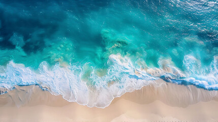 An aerial view of a pristine beach with turquoise waters and white sandy shores
