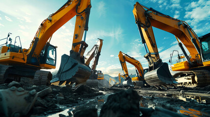 Array of Excavators on Construction Site with Mountain Backdrop and Clear Blue Sky