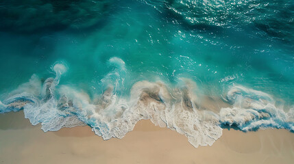 An aerial view of a pristine beach with turquoise waters lapping at the shore