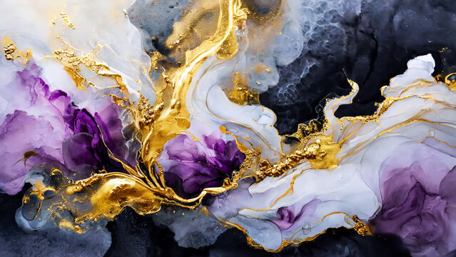Violet color and gold glitter alcohol ink pattern, artistic paint background. Generative ai