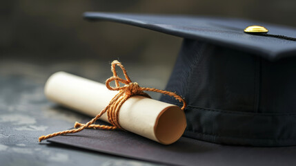 Close-up of a graduation cap with tassel and diploma on a textured surface symbolizing completion