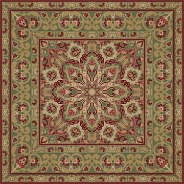 Template for carpet, textile, cushion, scarf. Oriental floral ornament with frame. Vector pattern with ornamental flowers.