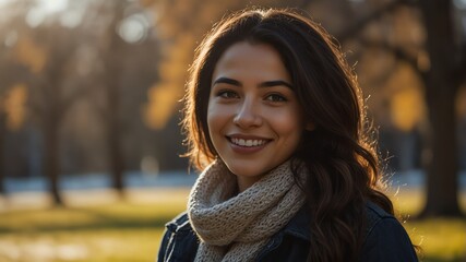 young hispanic woman on morning sunlight winter park background smiling happy looking at camera with copy space for banner backdrop from Generative AI