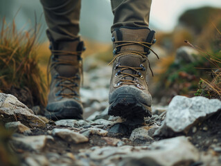 Close-up of Hiking Boots on Rugged Mountain Trail with Dew Drops and Focus on Lace Detail