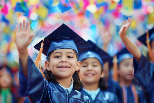 Joyful young graduates in blue caps and gowns waving at graduation ceremony with colorful decor