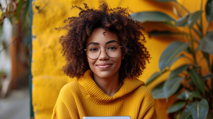 Portrait of a young woman in a cozy room wearing a yellow sweater, with soft-focus background.