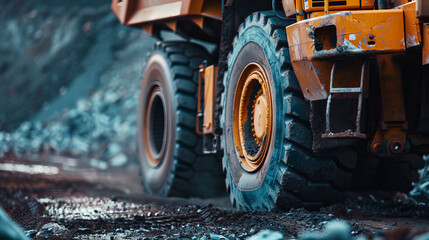 Close-up of a large mining haul truck tire on a rugged dirt road